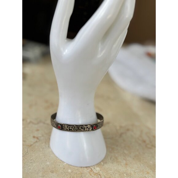 Tibetan-Inspired Silver Cuff Bracelet With Red Gemstones & Engraved Mantra Desig - Picture 6 of 8